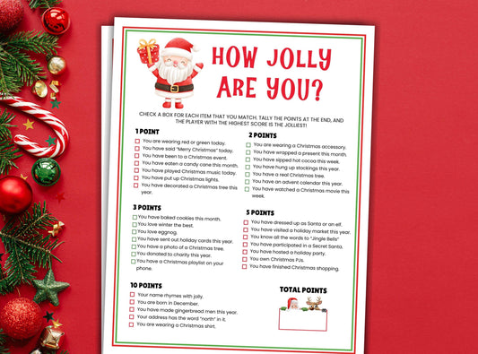 Christmas-themed 'How Jolly Are You?' game sheet with decorative items on a red background