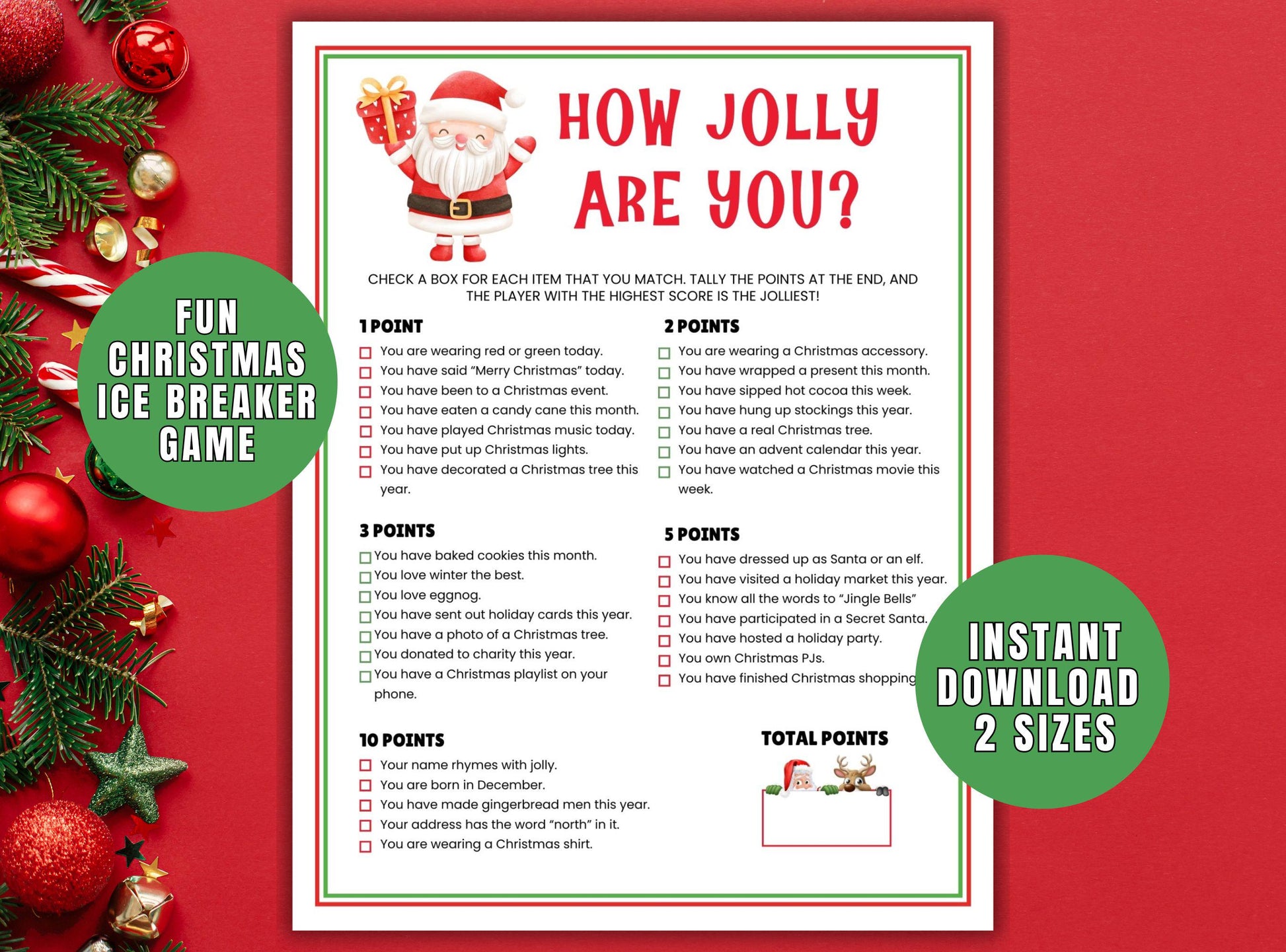 Christmas-themed icebreaker game sheet with Santa Claus on a red background