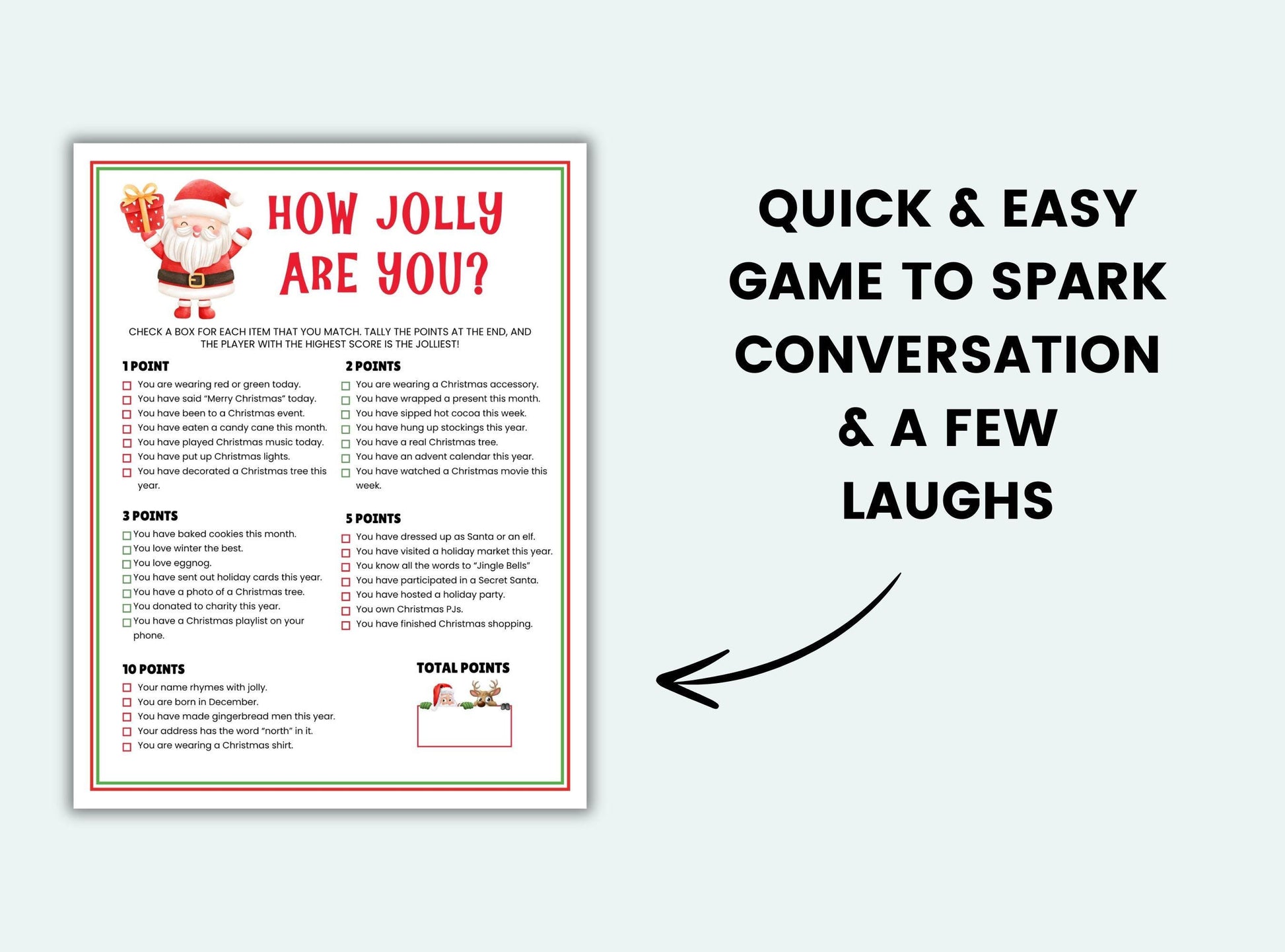 Christmas-themed game sheet titled 'How Jolly Are You?' on a white background with text about conversation starters.