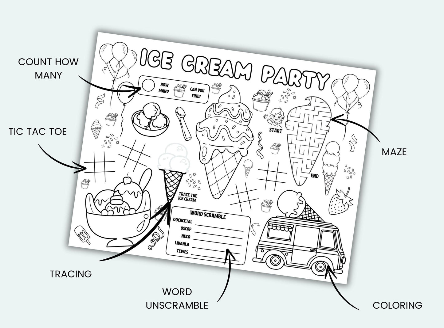 Ice Cream Party Activity Placemat
