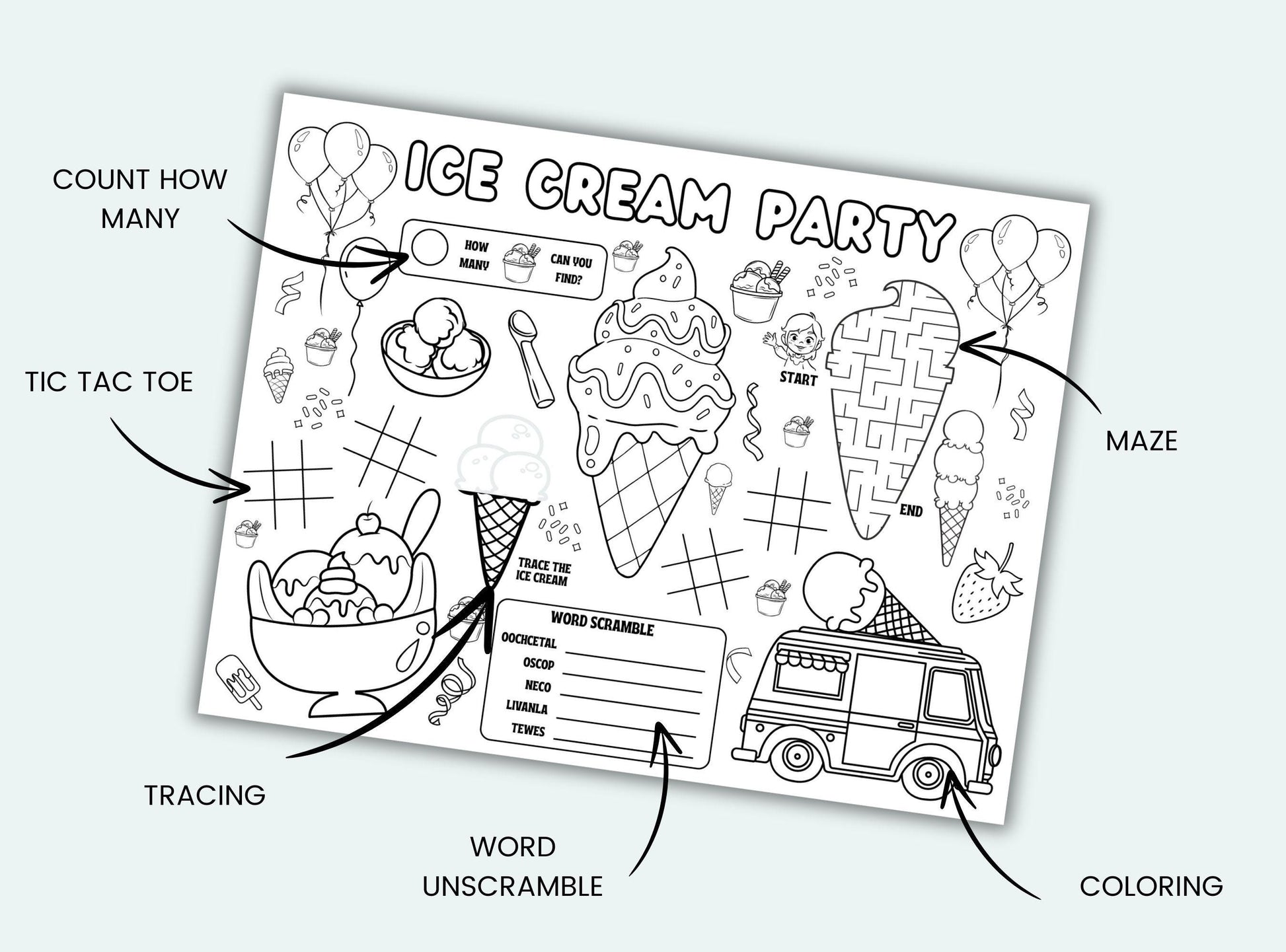 Ice Cream Party Activity Placemat