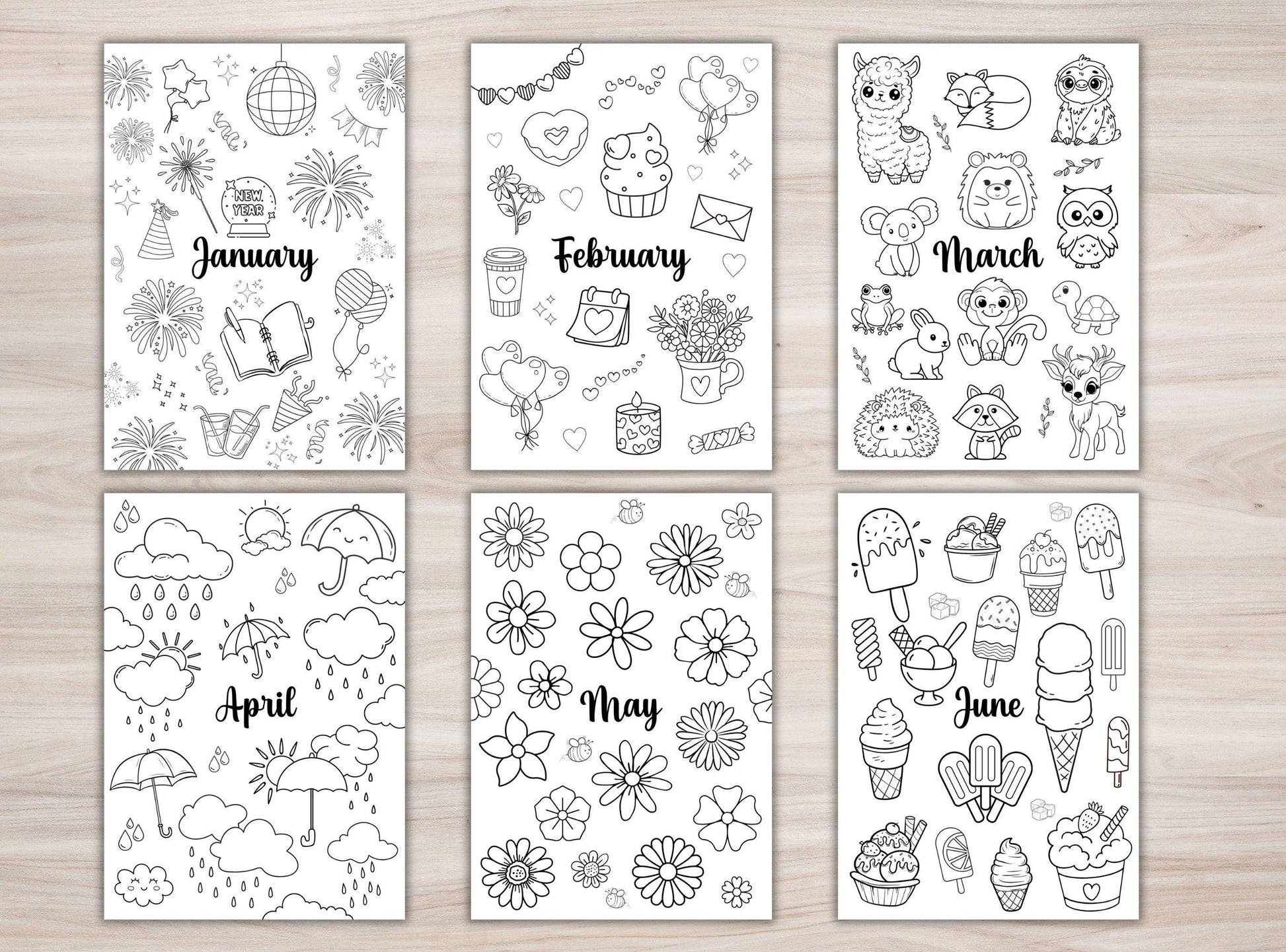 Set of six black and white calendar pages for January to June on a wooden surface.
