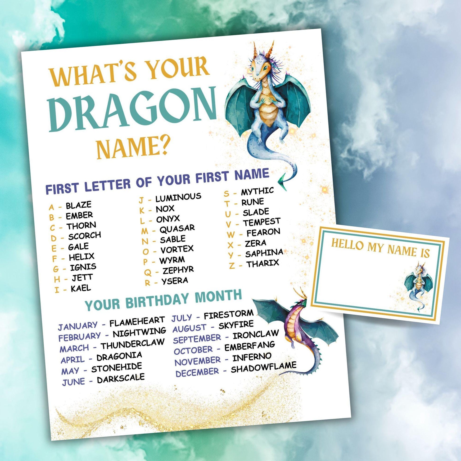 Sheet with 'What's Your Dragon Name?' game on a blue and white cloud background