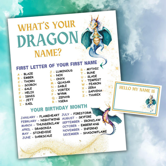 Sheet with 'What's Your Dragon Name?' game on a blue and white cloud background