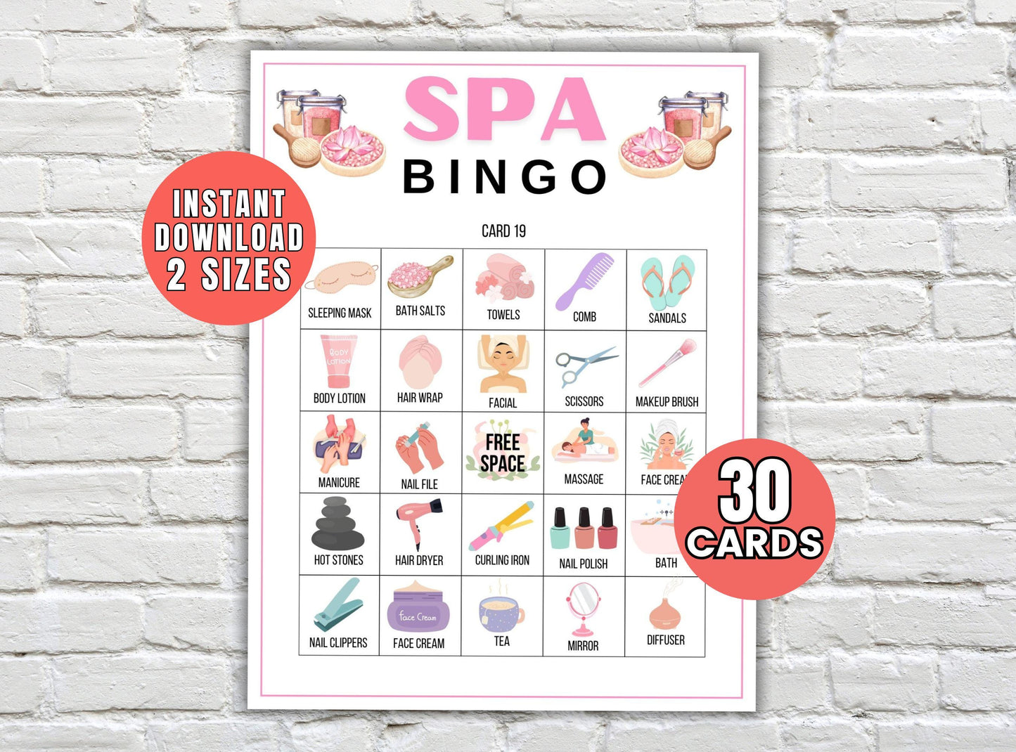 Spa Bingo card with various spa-related items on a white brick wall background