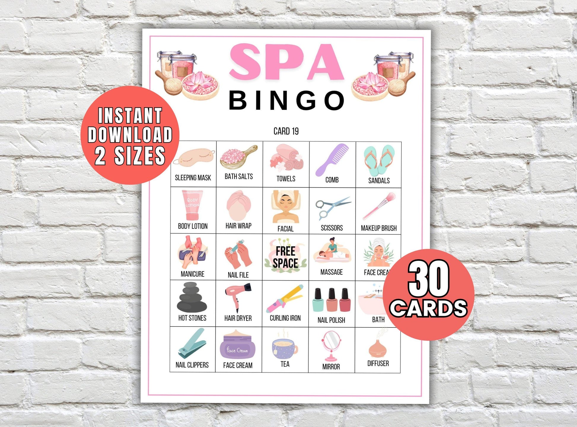 Spa Bingo card with various spa-related items on a white brick wall background