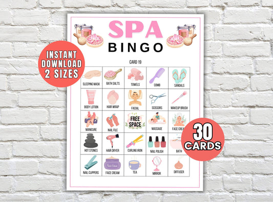Spa Bingo card with various spa-related items on a white brick wall background