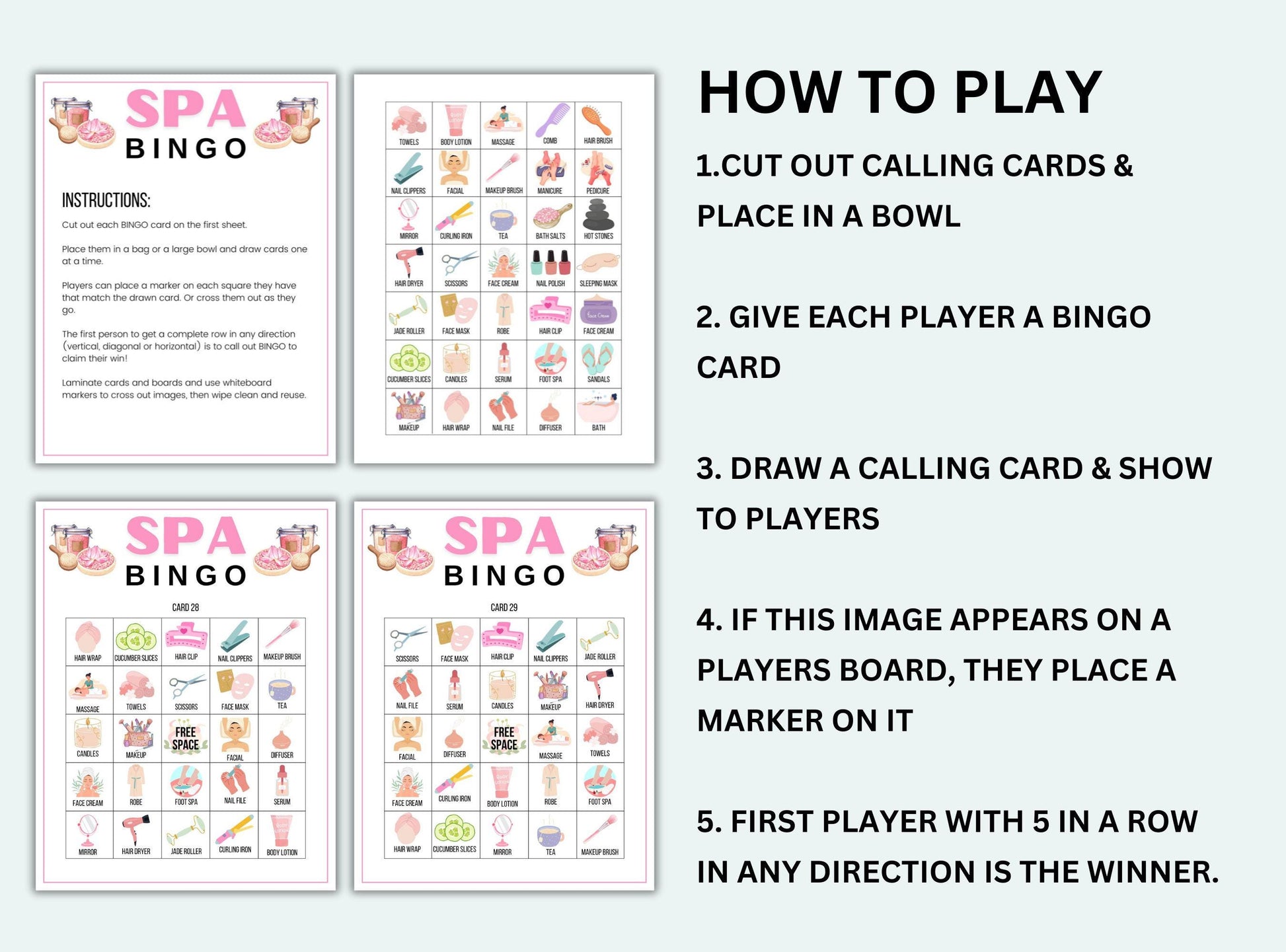 SPA Bingo game cards with instructions on how to play.
