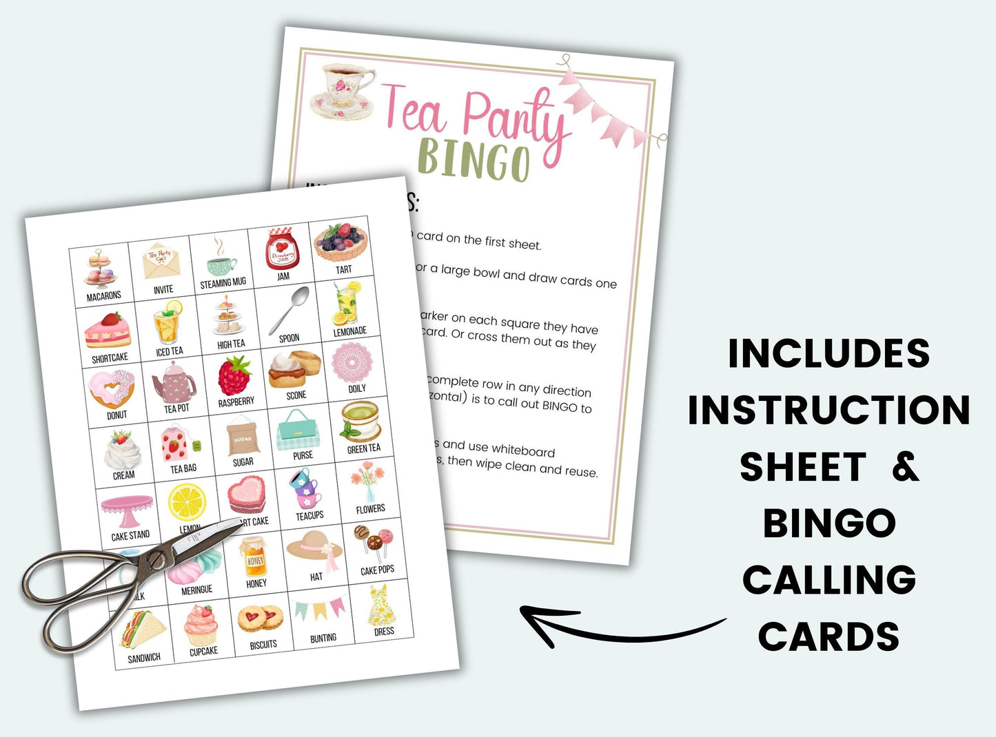 Tea Party Bingo game set with instructions and calling cards on a white background.