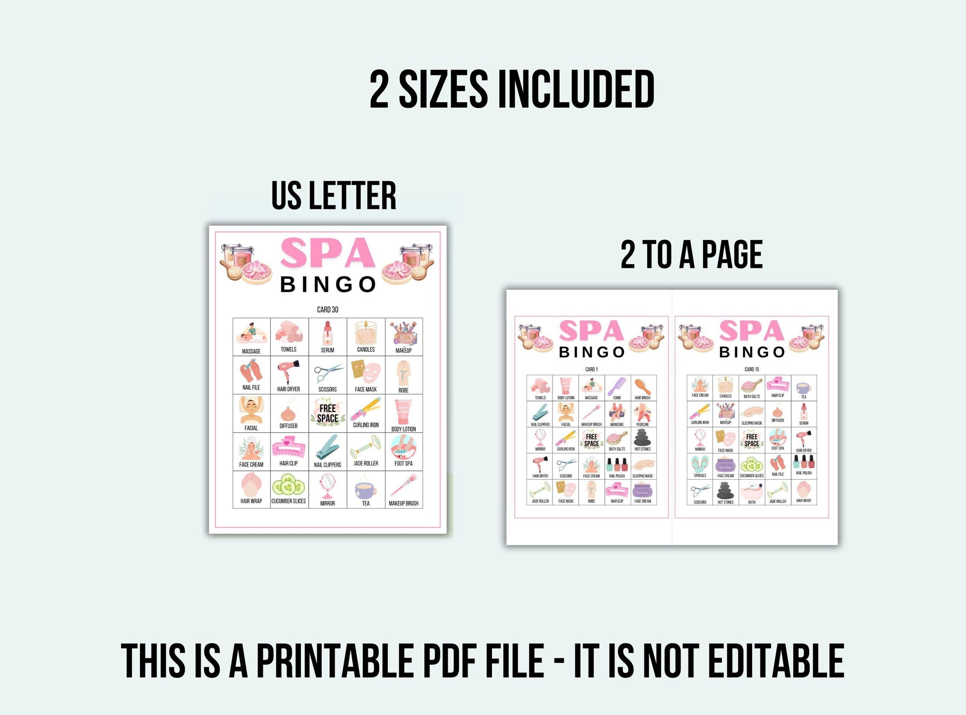 Spa Bingo printable PDF file with two sizes included on a white background.