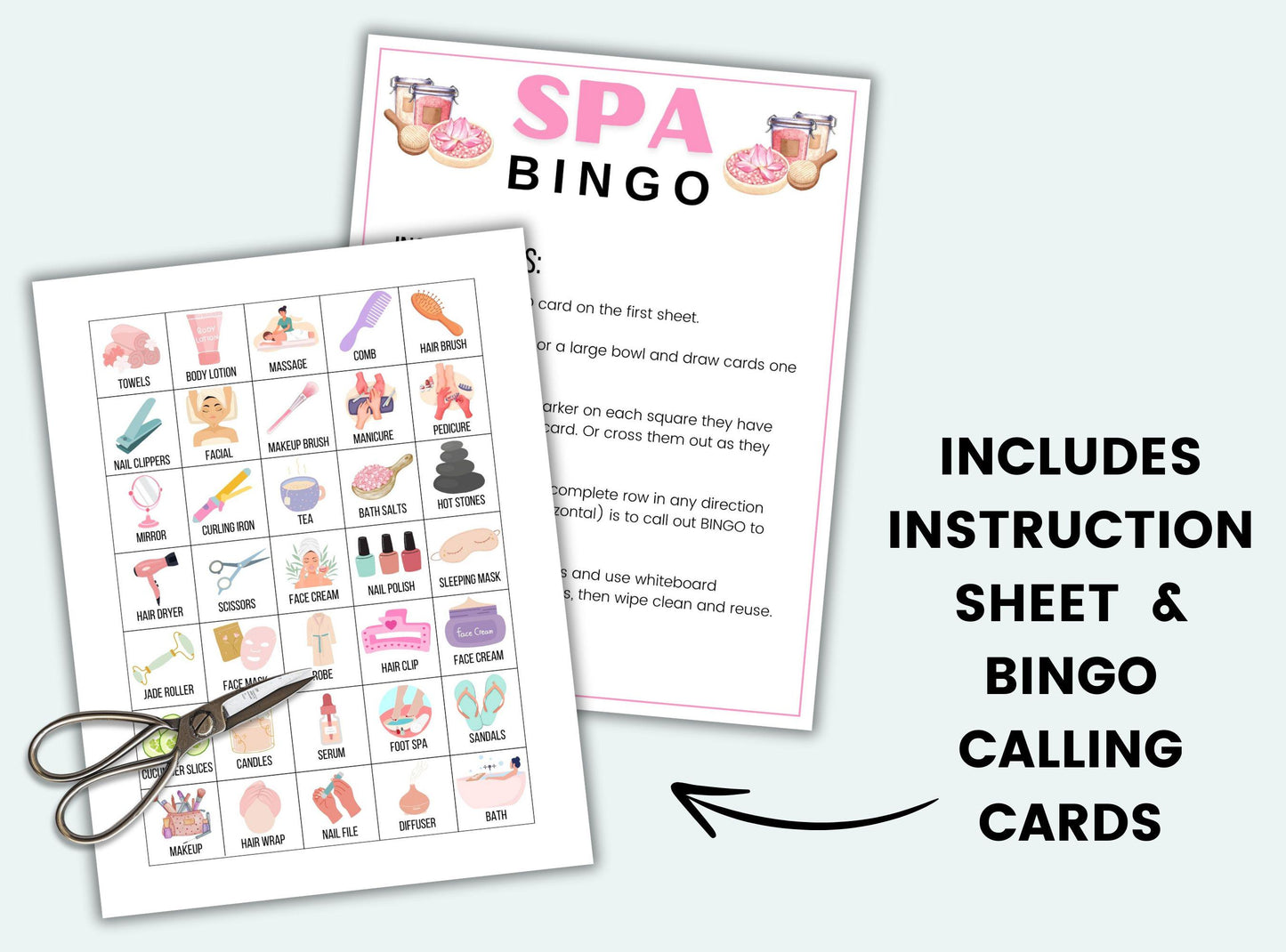 Two spa-themed bingo sheets with a pair of scissors on a white background