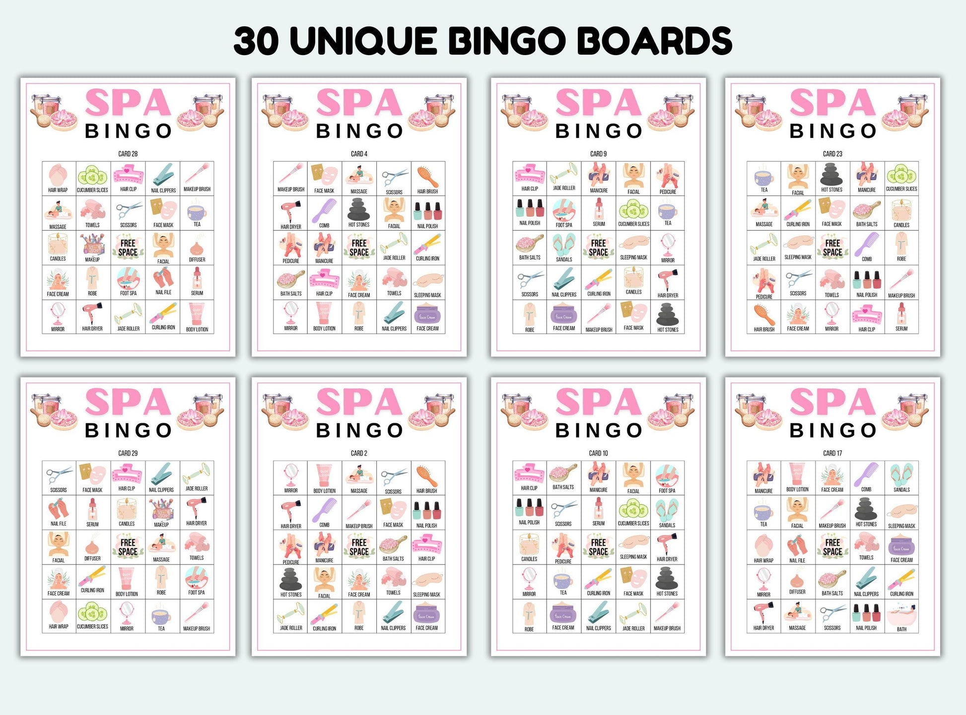 Set of 30 unique spa-themed bingo boards on a white background