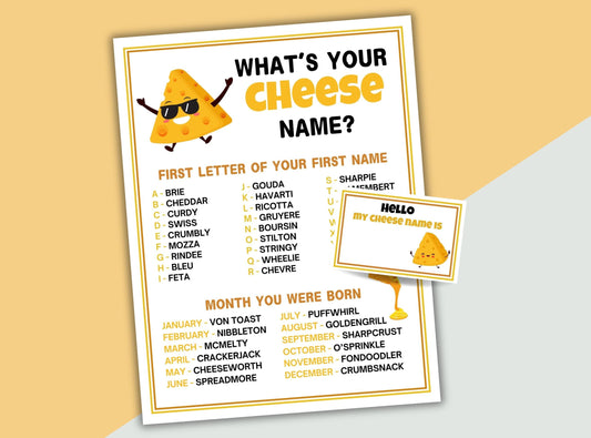 Cheese-themed name game with a yellow background