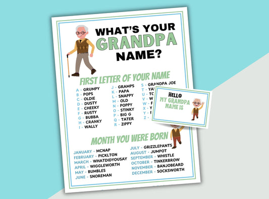 Printable game for naming a grandpa with illustrations and text on a light blue background