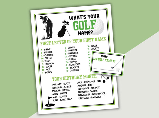 Golf-themed name generator card with humorous names and a golf club graphic on a green background.