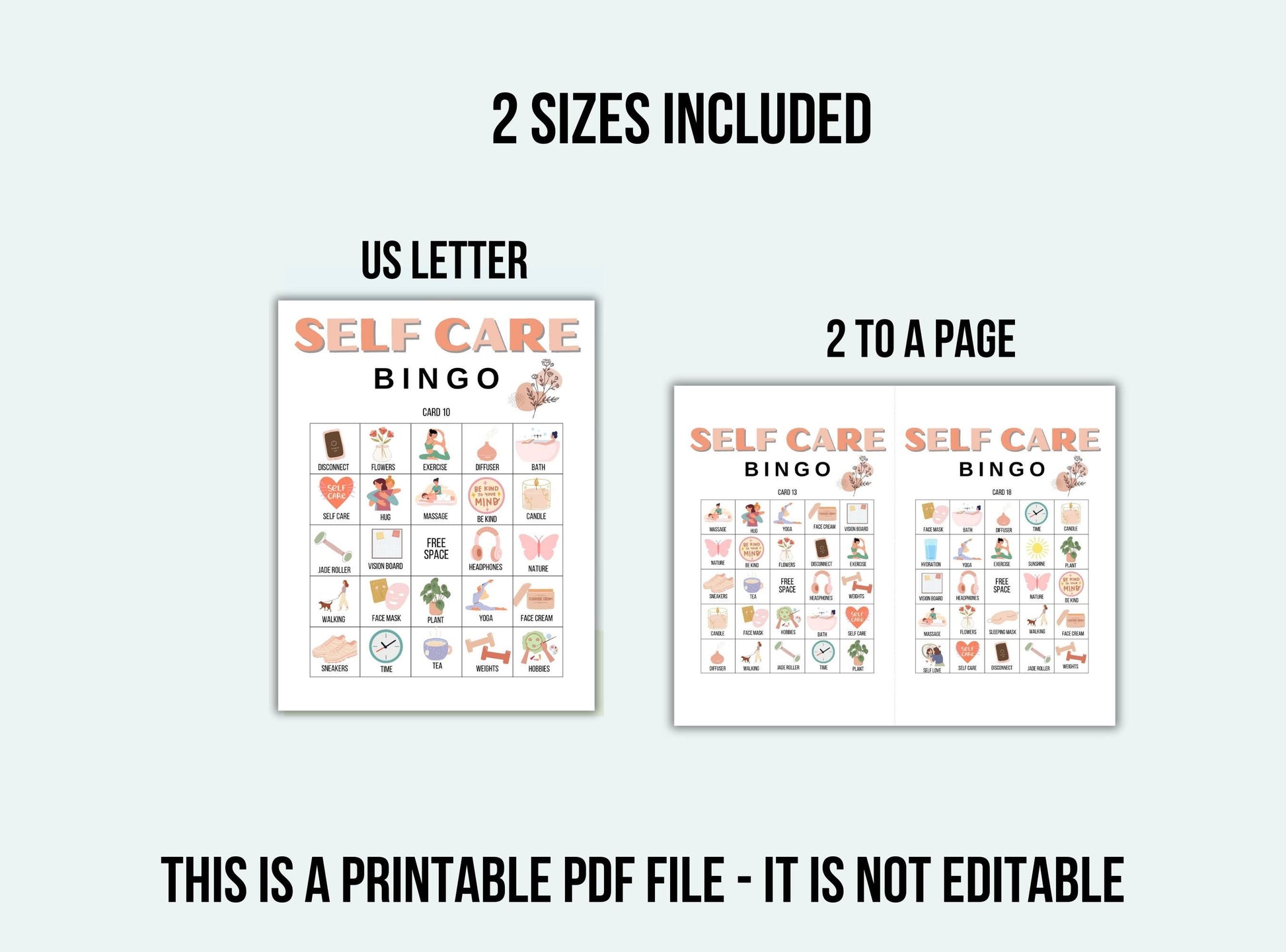 Two self-care bingo sheets with text indicating sizes and file type.