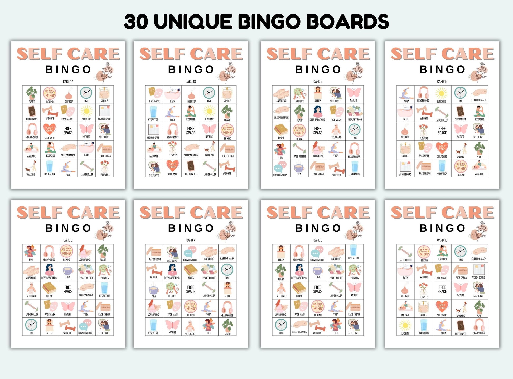 Set of 8 self-care bingo boards on a white background