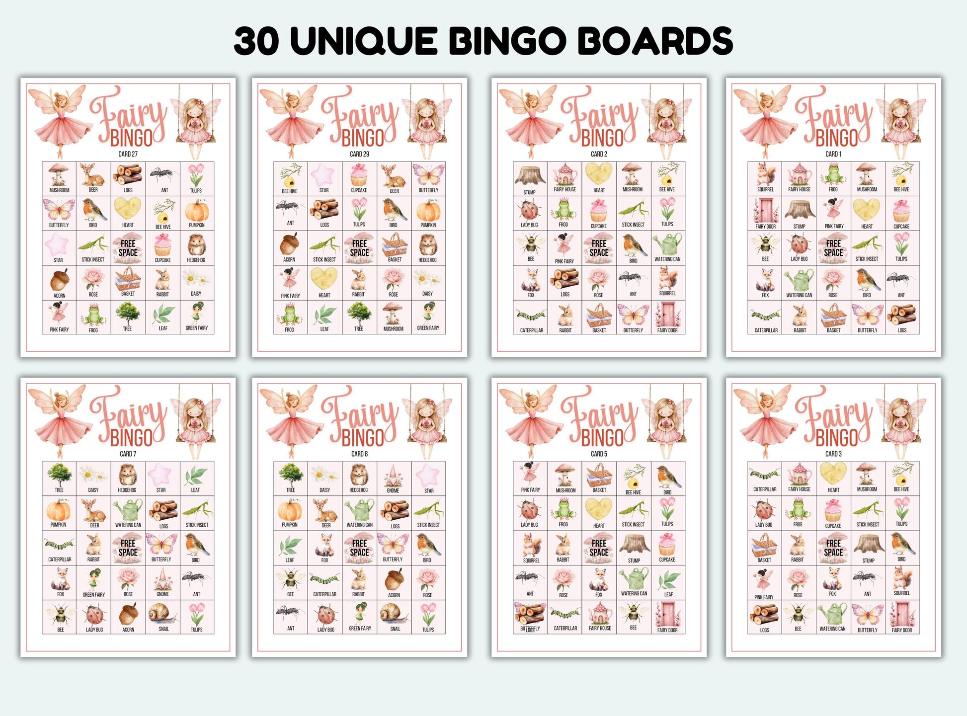 Set of 30 unique fairy-themed bingo boards on a white background