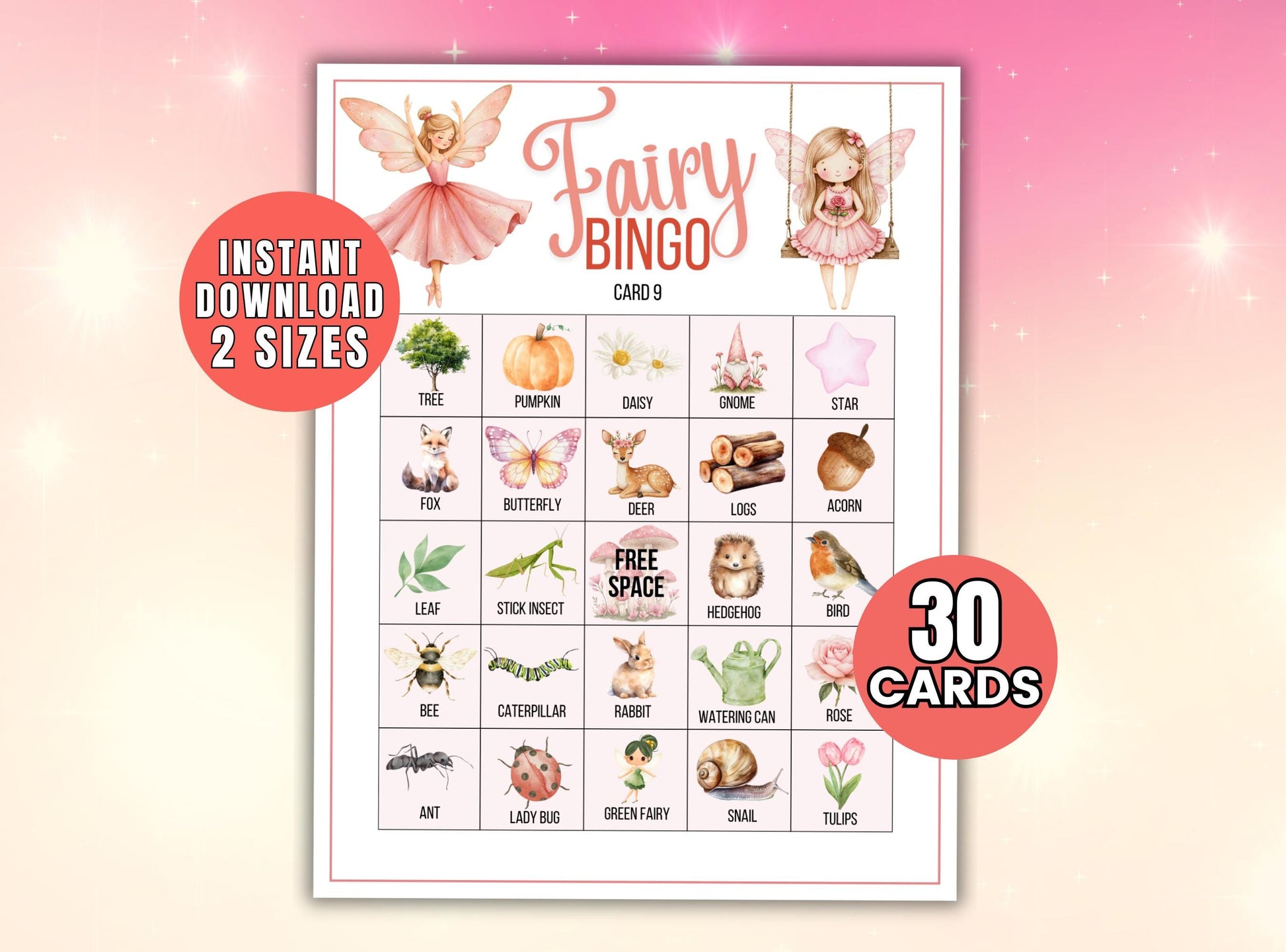Fairy-themed bingo card with illustrations on a pink background