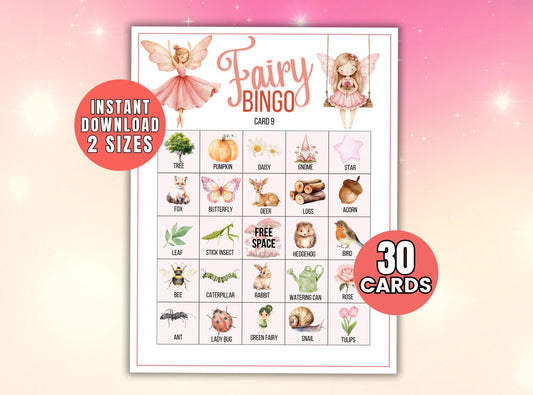 Fairy-themed bingo card with illustrations on a pink background