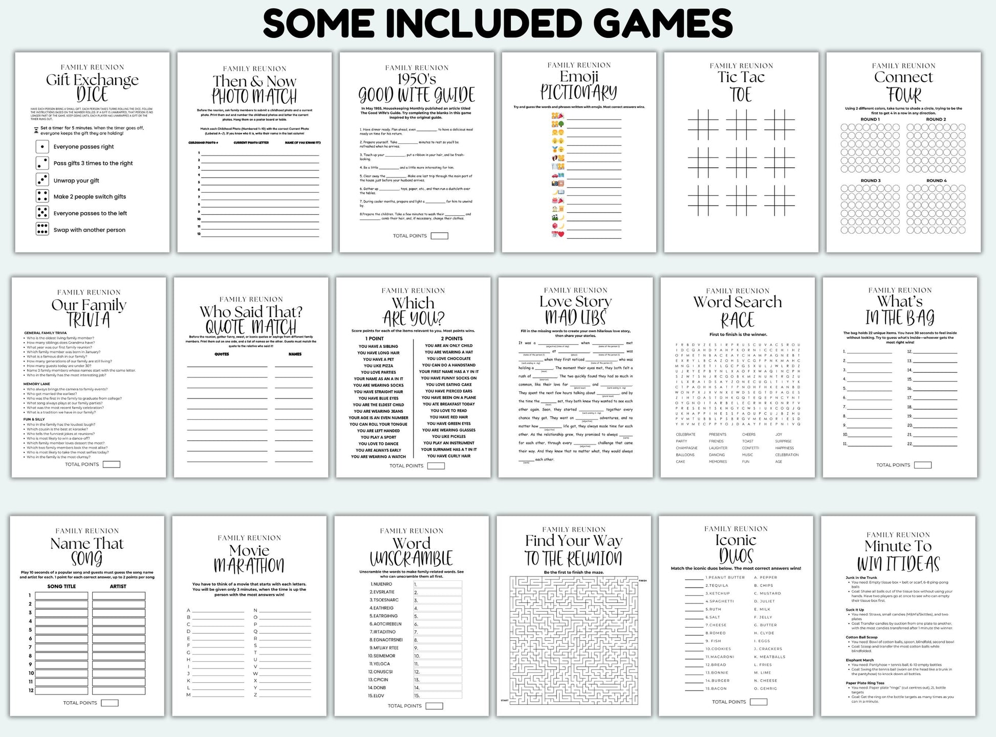 Collection of printed games and activities on a white background