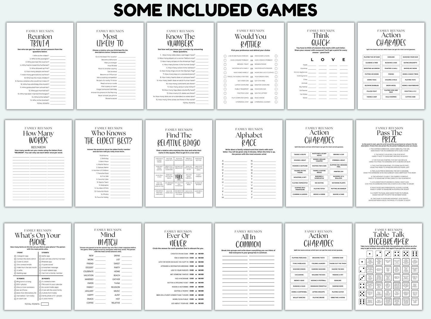 Collection of printed game cards with various questions and activities on a white background.