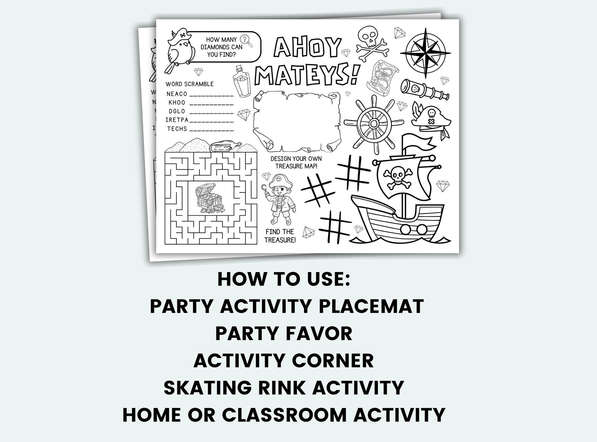 Pirate-themed activity placemat with text on a white background