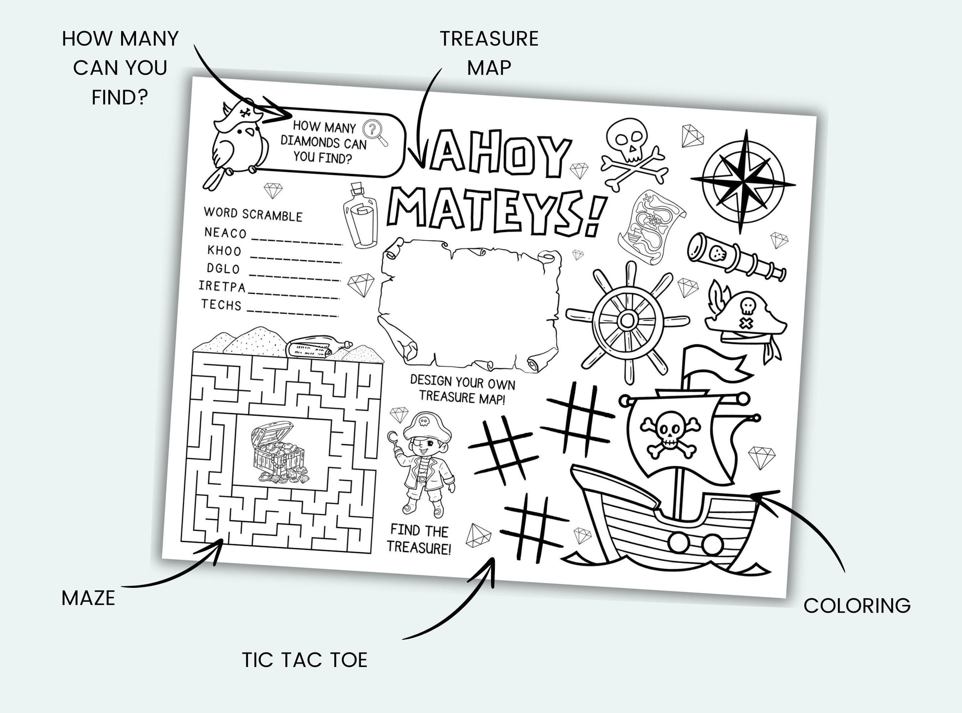 Pirate-themed activity sheet with various games and a coloring section on a white background.