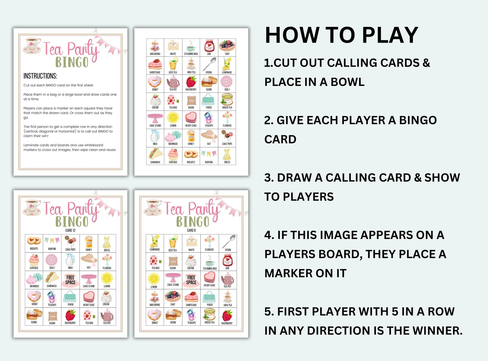 Tea Party Bingo game cards with instructions on how to play.