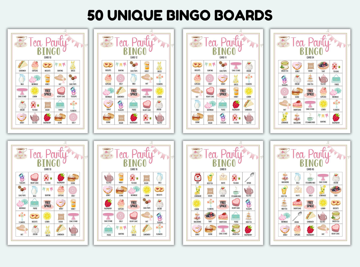 Set of 50 unique tea party bingo boards on a white background
