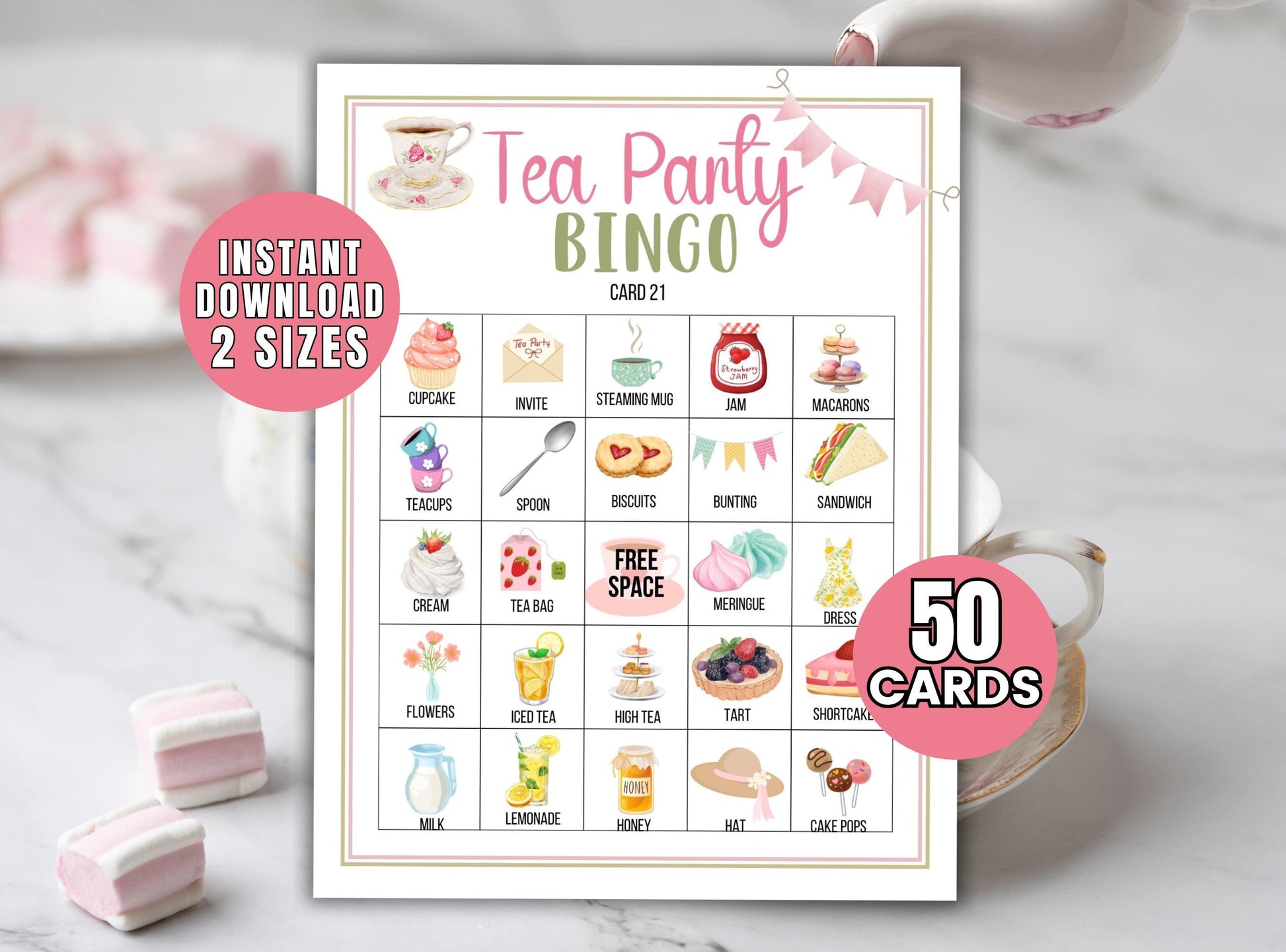 Tea party bingo card with illustrations on a white background