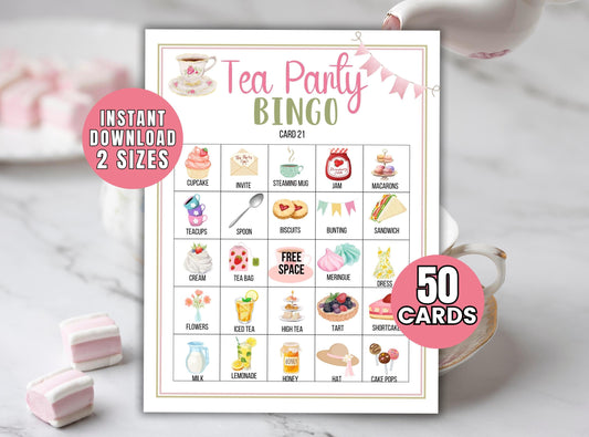 Tea party bingo card with illustrations on a white background