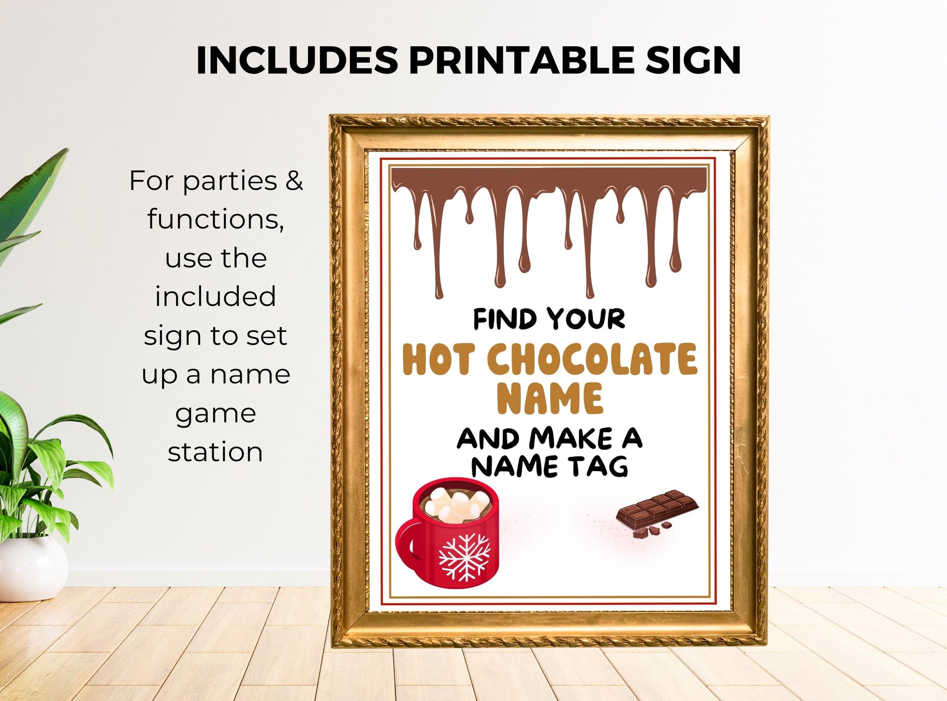 Framed printable sign for hot chocolate name game with decorative elements on a white background.