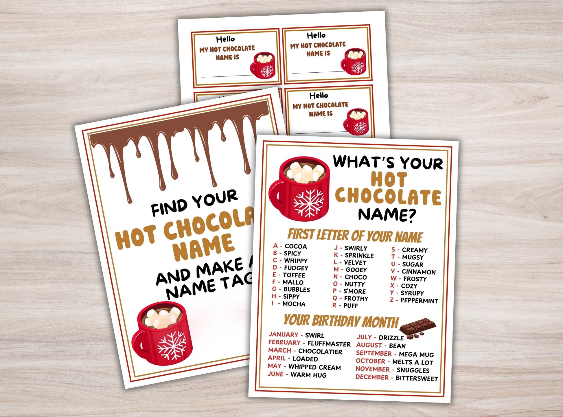 Hot chocolate-themed name tag printables on a wooden surface