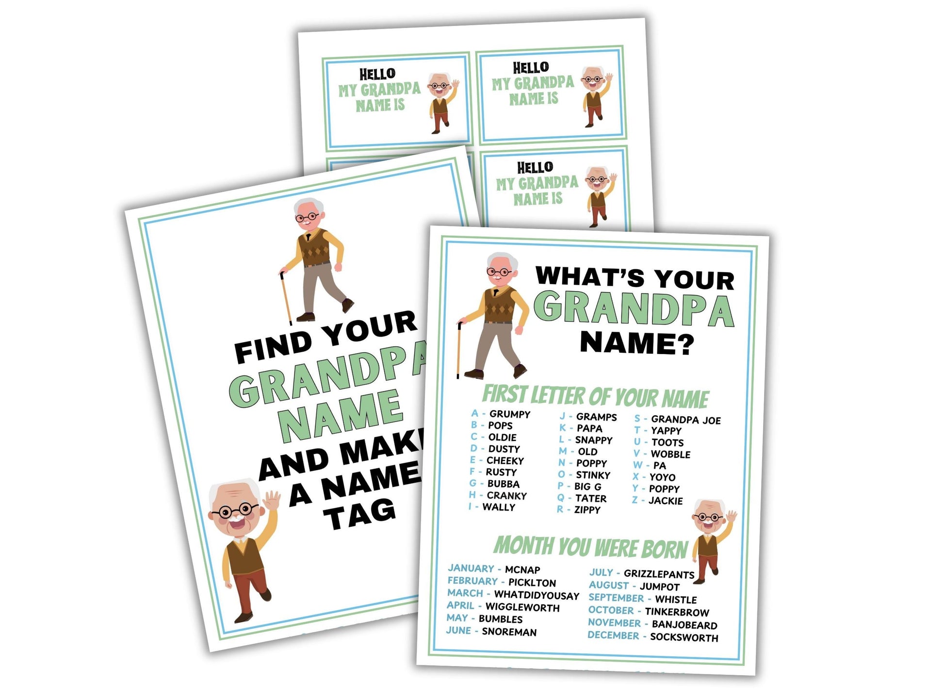 Set of educational posters for children to guess their grandpa's name and create a name tag.