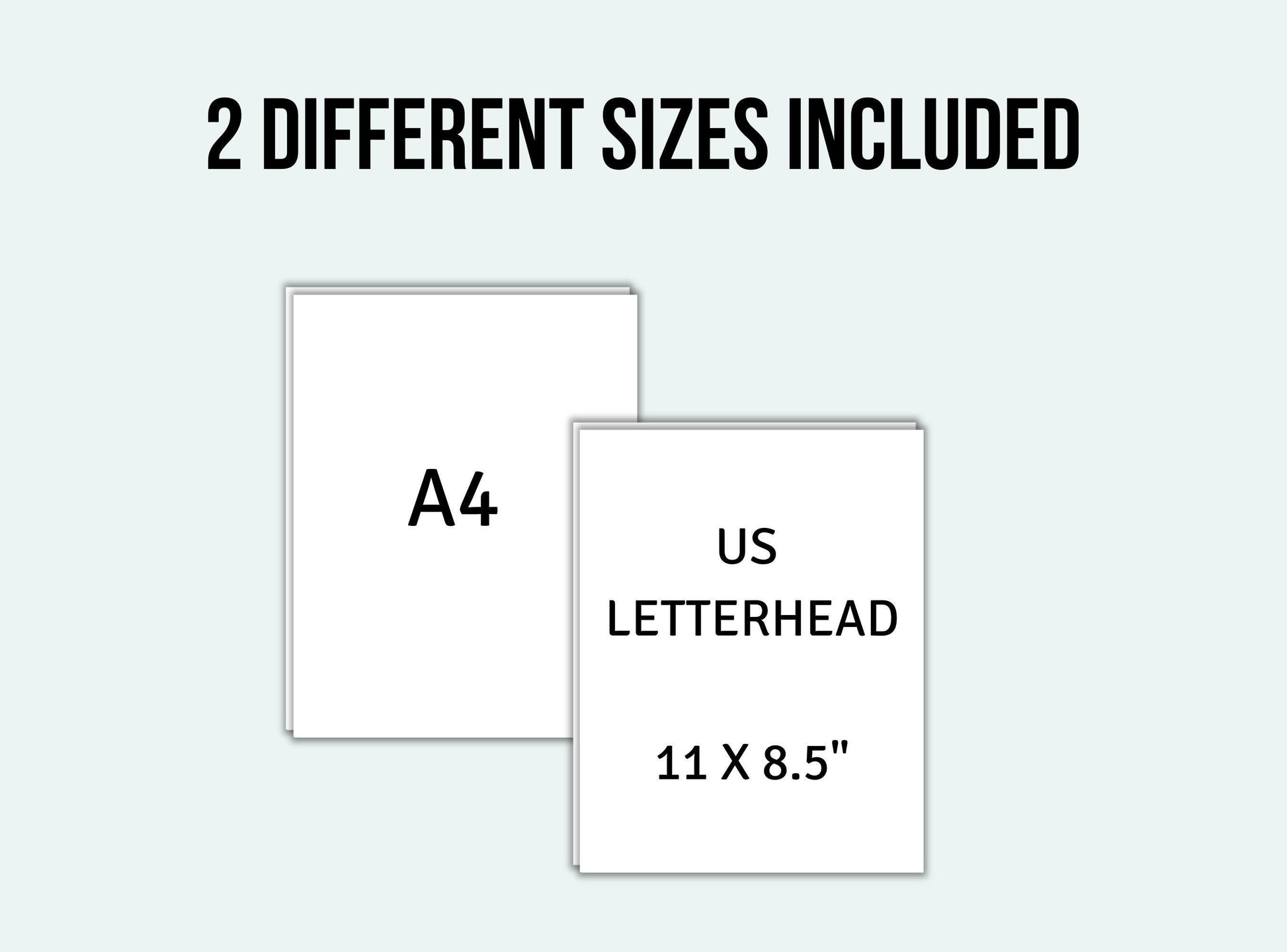 Two different paper sizes labeled A4 and US Letterhead with dimensions on a light gray background.