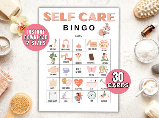 Self-care bingo card with various self-care activities on a white surface with self-care items.