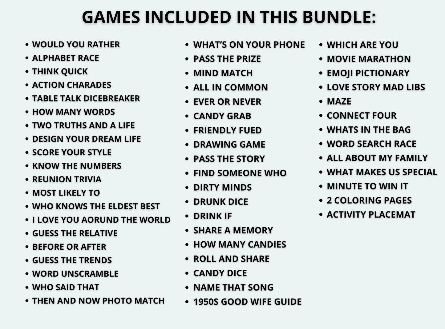 List of games included in a bundle on a white background