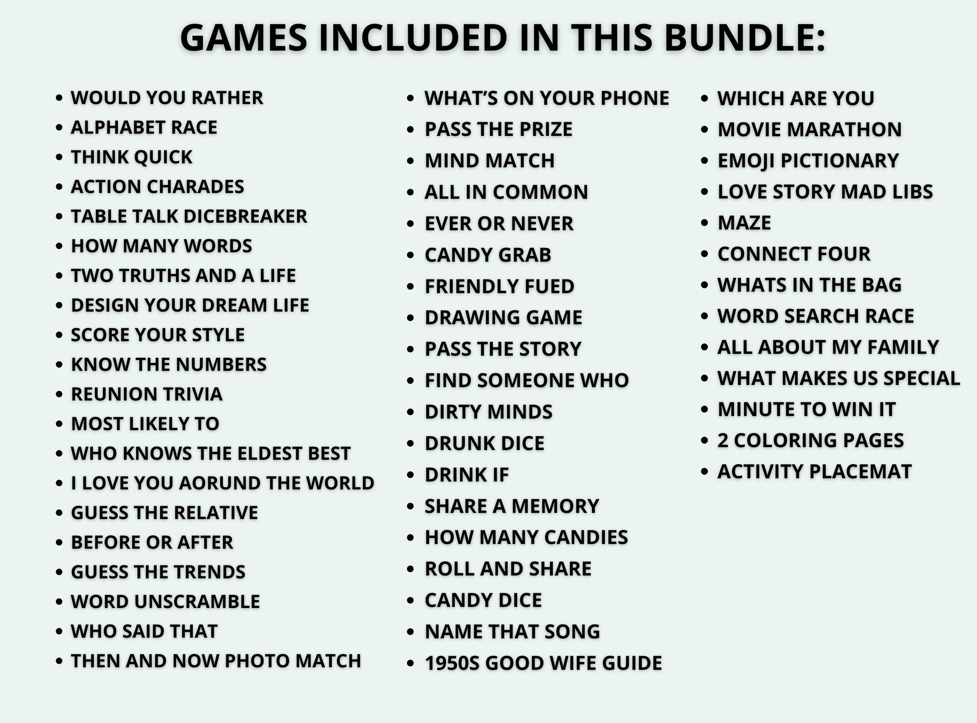 List of games included in a bundle on a white background