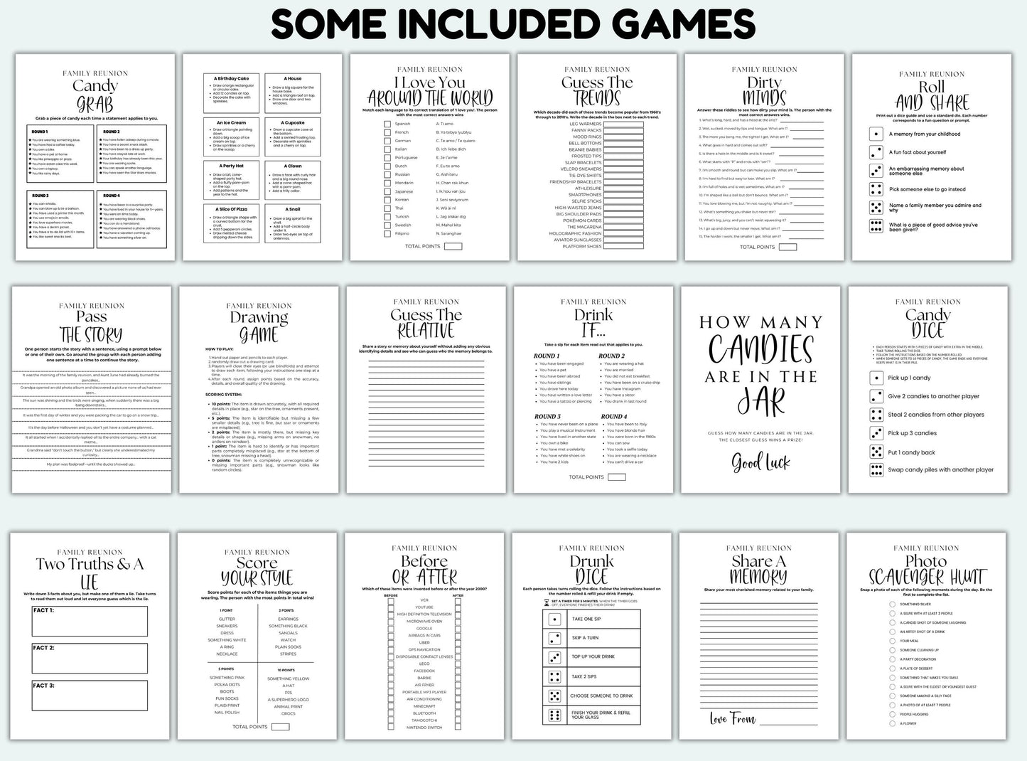 Collection of black and white game cards on a white background