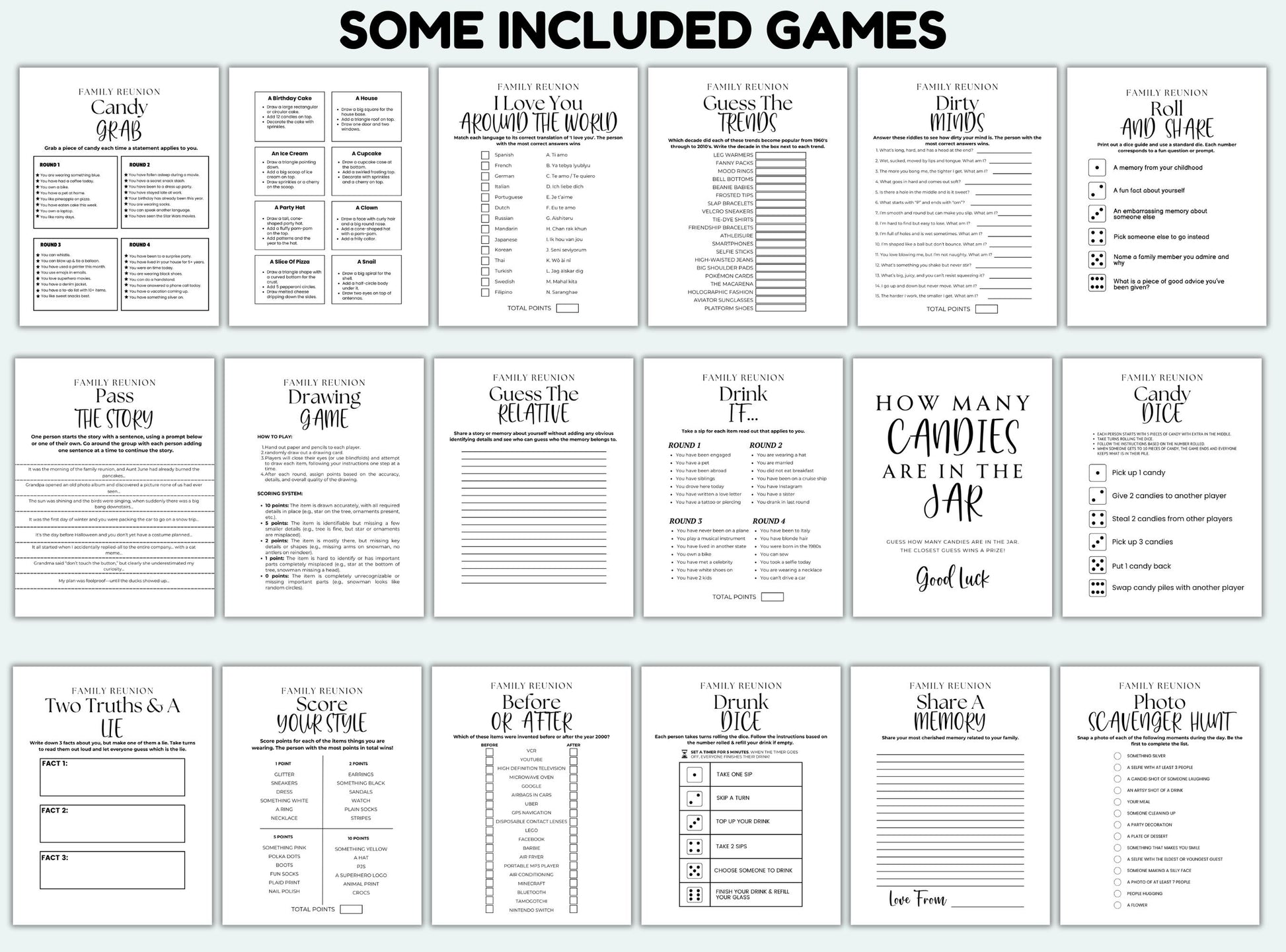 Collection of black and white game cards on a white background