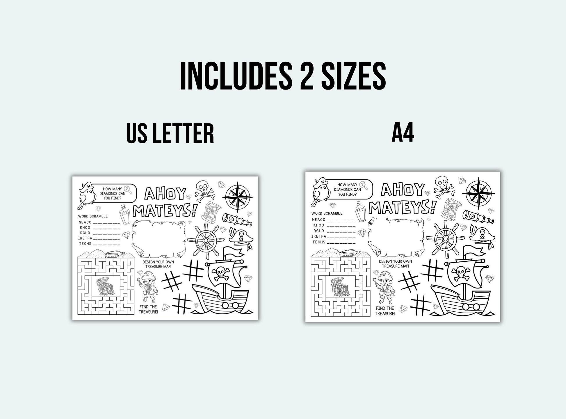 Two pirate-themed worksheets for US Letter and A4 sizes on a white background.