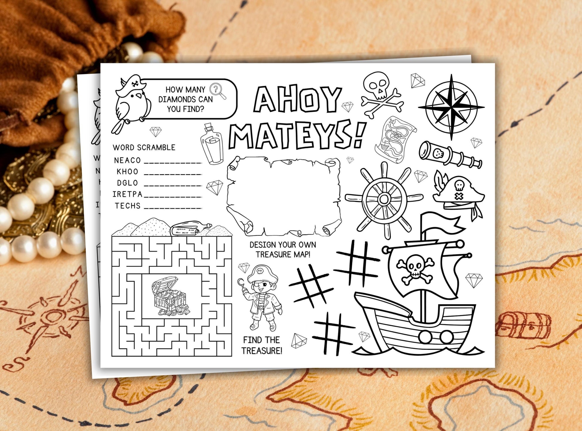 Pirate-themed activity sheet with coloring and puzzles on a map background