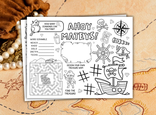 Pirate-themed activity sheet with coloring and puzzles on a map background