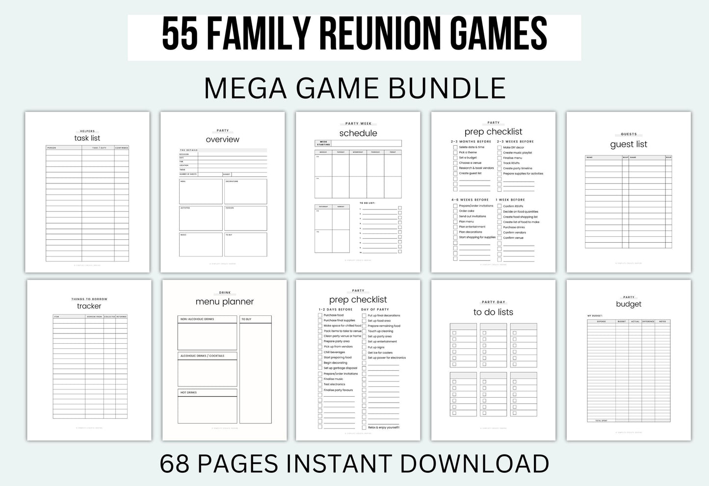 Family reunion games mega bundle with various checklists and schedules on a light gray background.