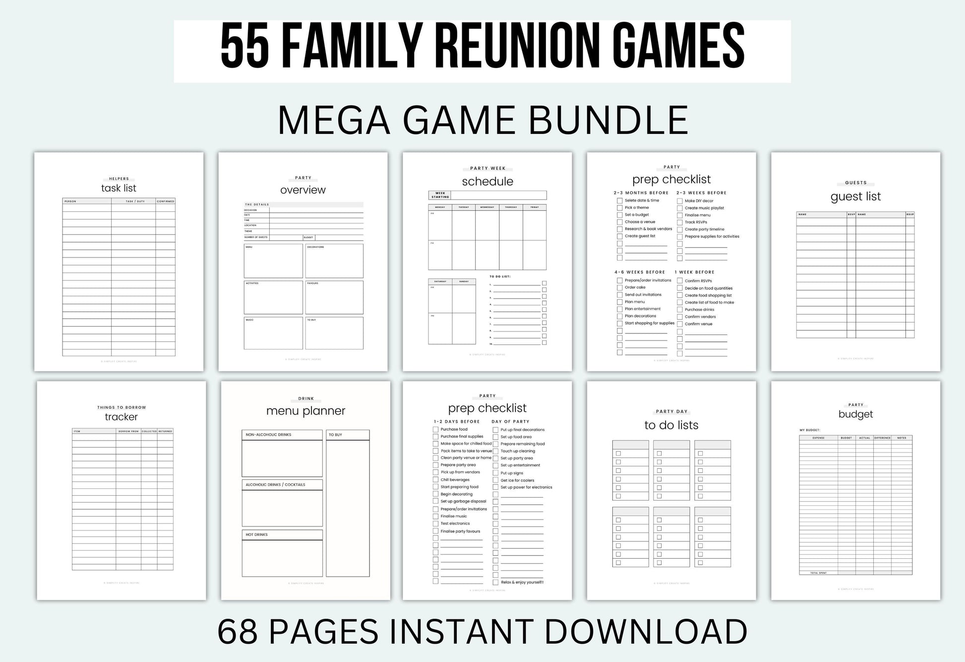 Family reunion games mega bundle with various checklists and schedules on a light gray background.