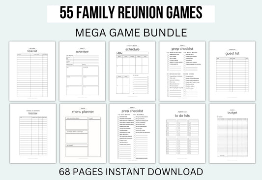 Family reunion games mega bundle with various checklists and schedules on a light gray background.
