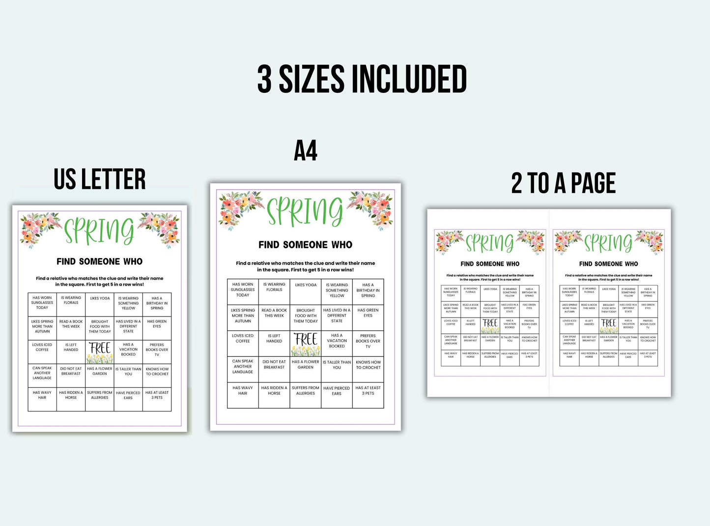 Three versions of a 'Find Someone Who' game sheet for spring on a white background.