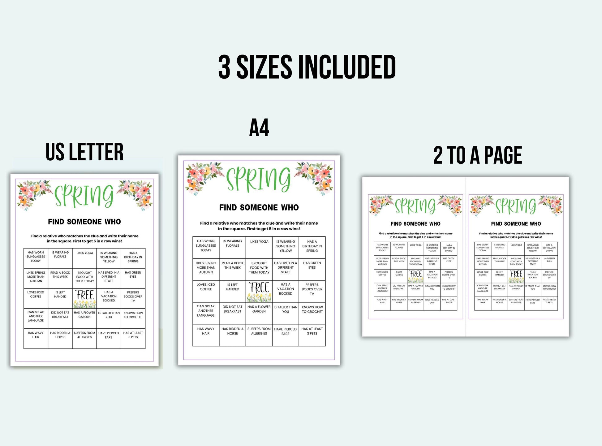 Three versions of a 'Find Someone Who' game sheet for spring on a white background.