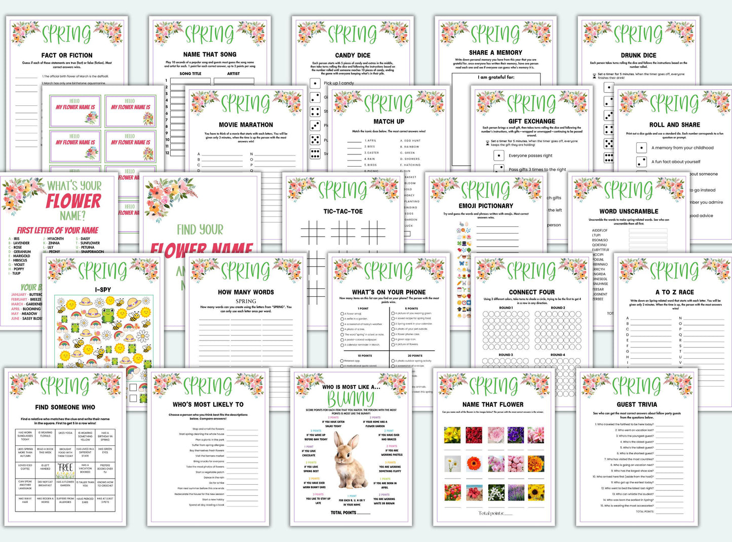 Collection of spring-themed worksheets and activities on a white background